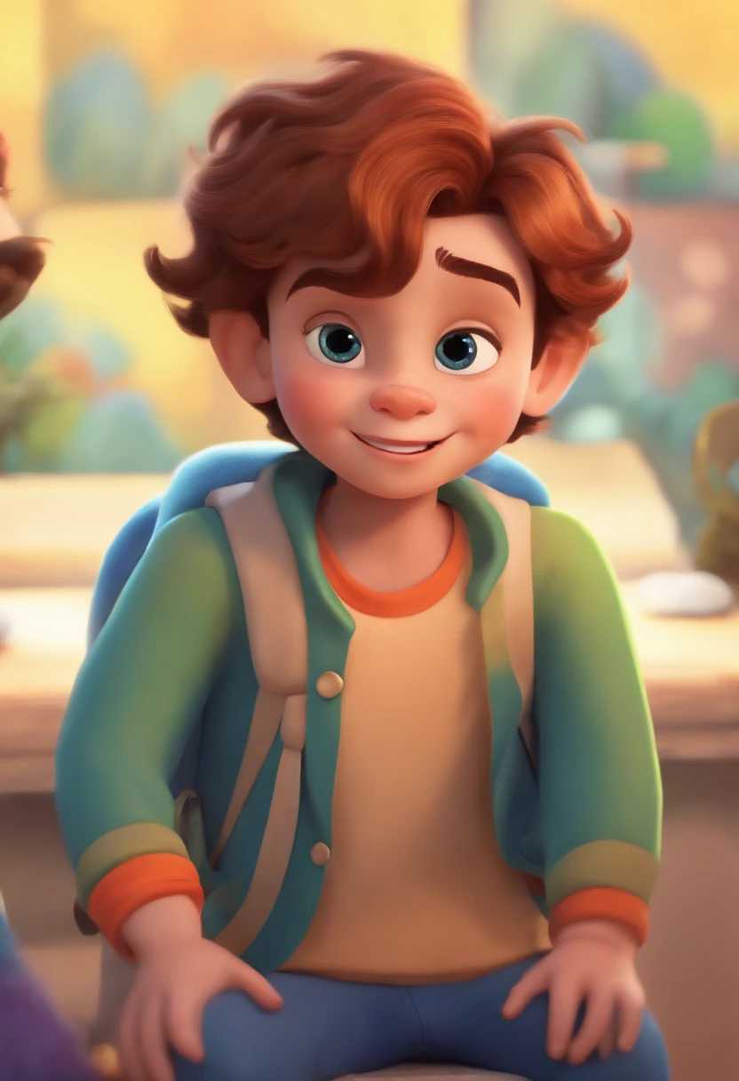 Image of a boy for a story in a YouTube video in Pixar format, He's the  allabester, He's the class leader, He's outgoing, Playful and gets up for a lot of things, cabelo curto