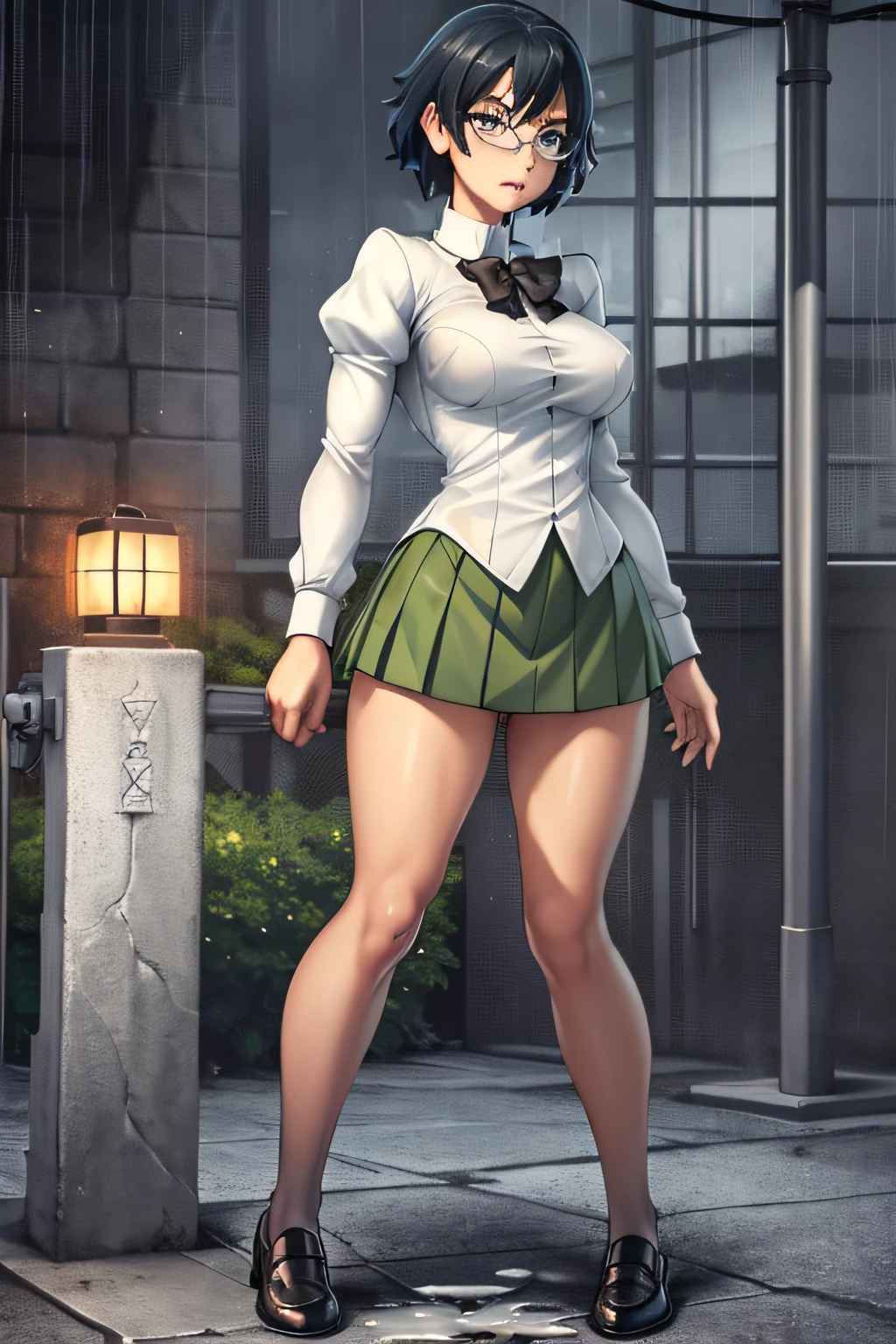 (best quality), (masterpiece), Shizune, grey-violet eyes, outdoors in heavy rainstorm, soaked wet dripping school uniform, soaked wet dripping dark green skirt, soaked wet dripping white shirt, no bra, soaked dripping wet hair, water running down face, water running down thighs, looking at viewer, frustrated expression, pointy hair intakes, full body view, brown penny loafer shoes, standing