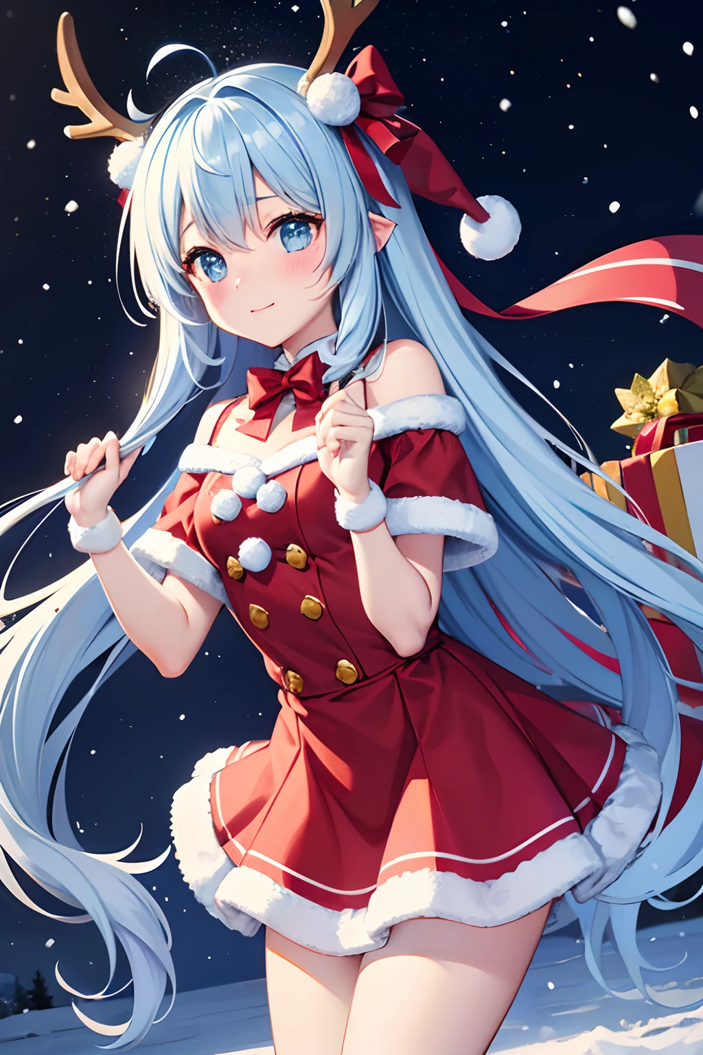 Super Idol Pretty girl Light blue long hair Twin-tailed Cute Santa Claus costumes snow country Ride a reindeer sleigh Flying in the night sky It's snowing(Some photos)