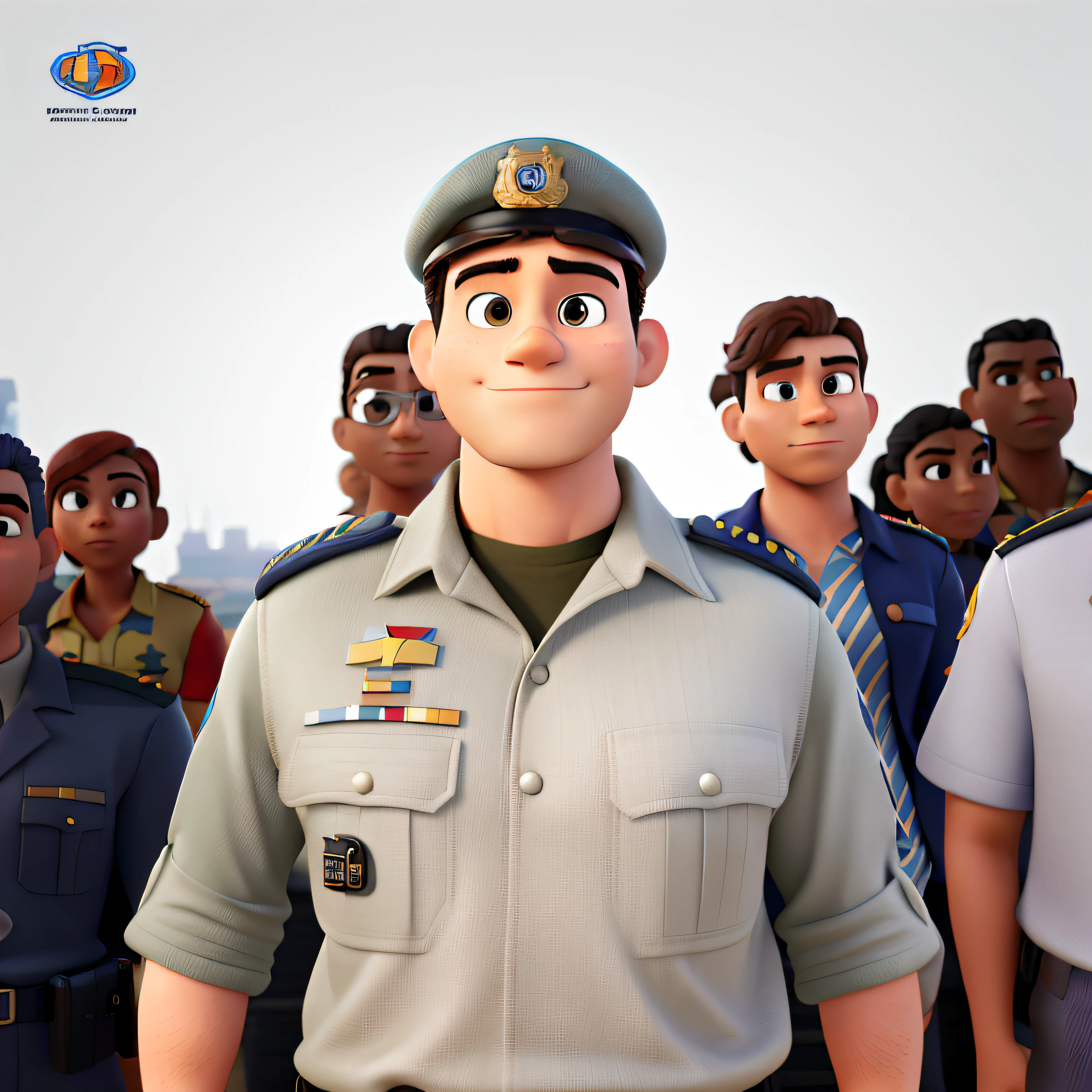 homem policial militar, Looking forward with folded arms, fundo uma cidade linda, 3D, Disney Pixar, Poster, 8k, Disney-Pixar standard