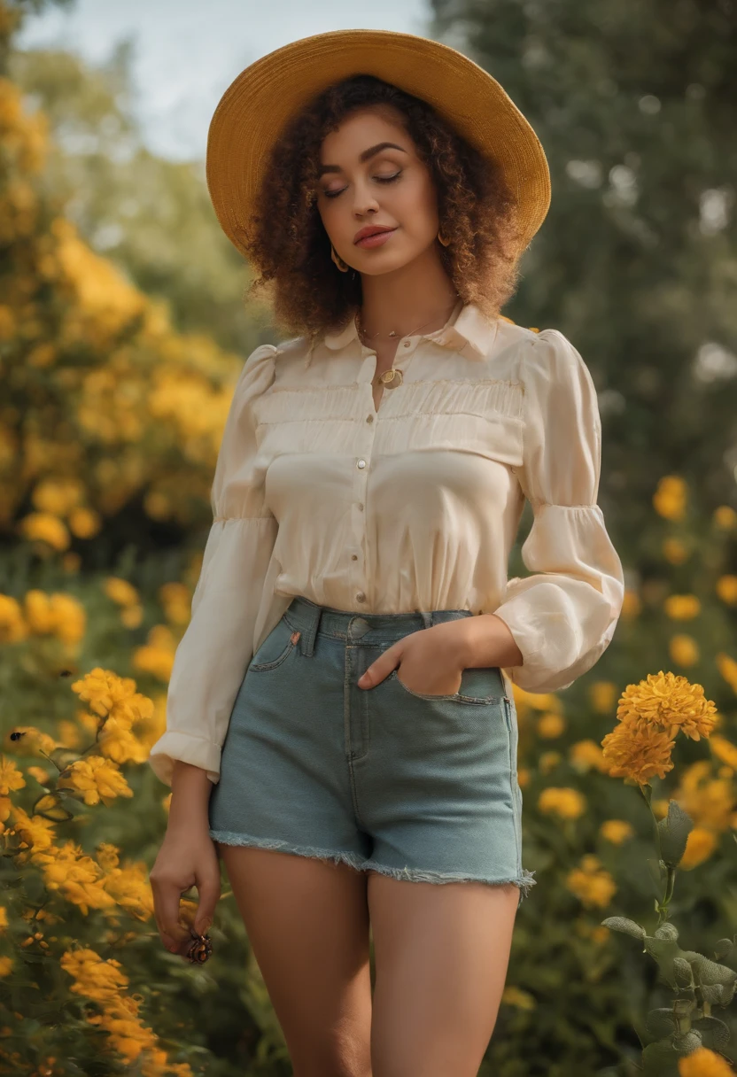 White baby skin tone, cabelo 
liso  preto, olho verdes claros , vestido camisa quadriculada amarela calca jeans , botas amarelas clara, arvores com flores amarelas,A ladybug in her hand, fundo um parque  8k, ..3d.