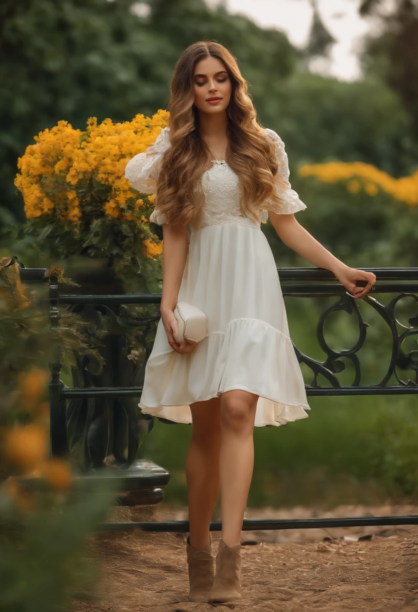 White baby skin tone, cabelo
liso preto, olho verdes claros , vestido camisa quadriculada amarela calca jeans , botas amarelas clara, arvores com flores amarelas,A ladybug in her hand, fundo um parque 8k, ..3d.