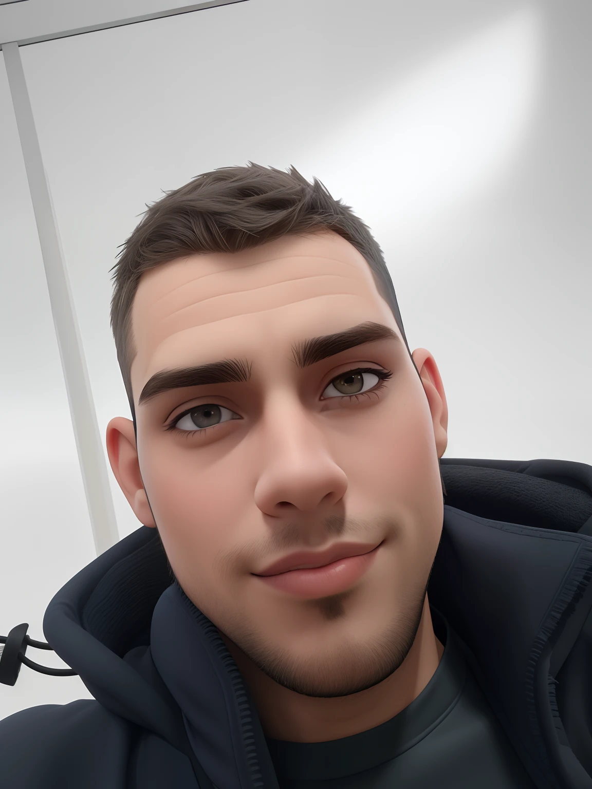 um jovem incrivelmente bonito e quente de 19 anos com cabelos castanhos escuros curtos e olhos castanhos, angular jaw, face da caixa, barba de restolho, Alto e magro, wearing a casual shirt and a cap. dark gray background and studio lighting, Yearbook pose, close-up do personagem, retrato headshot do personagem, close-up do personagem.