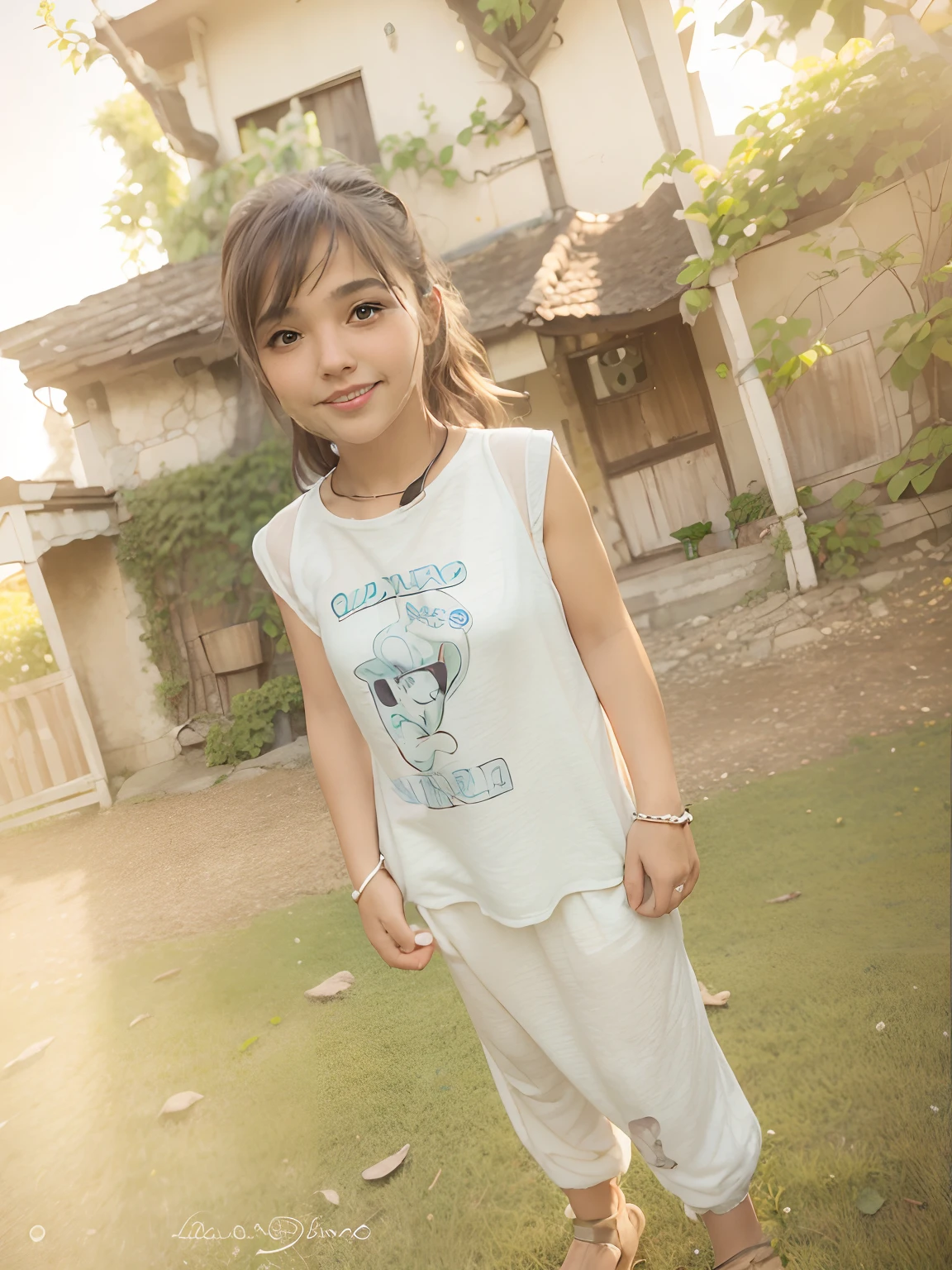 A charming image of an 18-year-old girl with a sweet appearance, um pijama de estampa de flores. She's sitting on a swing in the middle of a magical garden, hugging a teddy bear with a gardener's hat. Flores coloridas e borboletas voam ao redor, criando um ambiente cheio de magia.