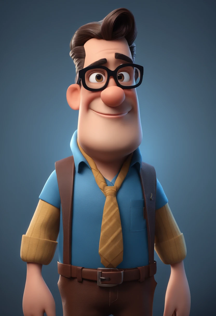 Cartoon character of a man with black glasses and a blue shirt, animation character, Caractere estilizado, animation style rendering, 3D estilizado, Arnold Maya render, 3 d render stylized, toon render keyshot, Personagem 3D, Personagem 3D, 3d rendering stylized, 3 d character render, personagem de desenho animado, Personagem de close up, Pose de personagem,  (Estilo Pixar) (master part:1.2) (Bokeh) (best quality) (pele detalhada) (textura detalhada) (8k) (argila) (Cinematic lighting) (foco nítido