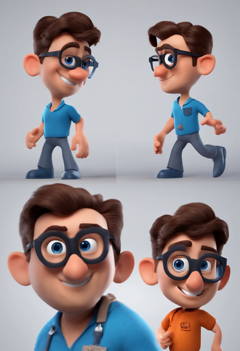 Cartoon character of a man with black glasses and a blue shirt, animation character, Caractere estilizado, animation style rendering, 3D estilizado, Arnold Maya render, 3 d render stylized, toon render keyshot, Personagem 3D, Personagem 3D, 3d rendering stylized, 3 d character render, personagem de desenho animado, Personagem de close up, Pose de personagem,  (Estilo Pixar) (master part:1.2) (Bokeh) (best quality) (pele detalhada) (textura detalhada) (8k) (argila) (Cinematic lighting) (foco nítido