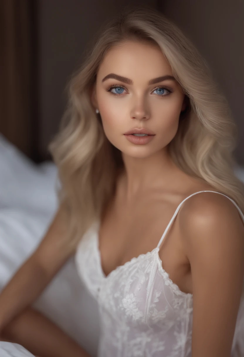 arafed woman fully , sexy girl with blue eyes, ultra realistic, meticulously detailed, portrait sophie mudd, blonde hair and large eyes, selfie of a young woman, bedroom eyes, violet myers, without makeup, natural makeup, looking directly at the camera, face with artgram, subtle makeup, stunning full body shot kneeling on bed, in bedroom, medium to large size bust