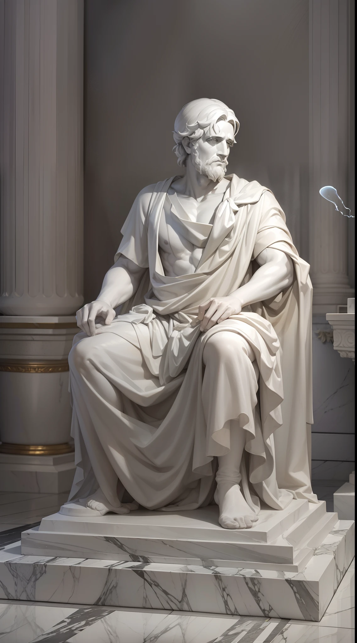 A realistic white Greek marble statue of Marcus Seneca thoughtfully detailed in a ghostly toga, neutral background, temperamental, , photorrealistic, Thoughtful movie dinner, super verbose, hyper realist, glittering lights, 8 mil