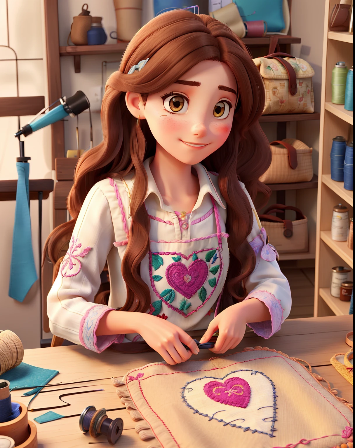 Love this long brown hair that has an atelier is sewing embroidered pieces on the bottom to bags