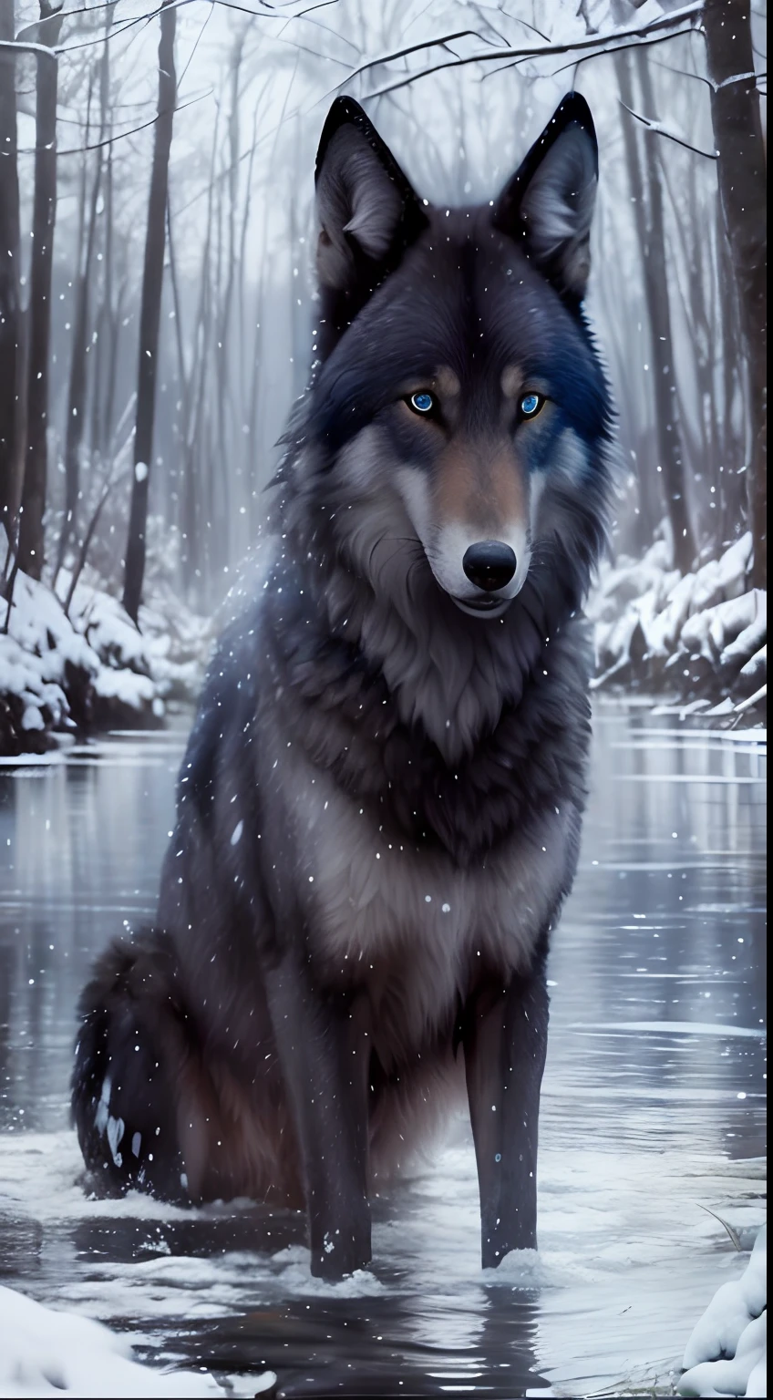 Arafed wolf sitting in the snow in a snowy forest - SeaArt AI