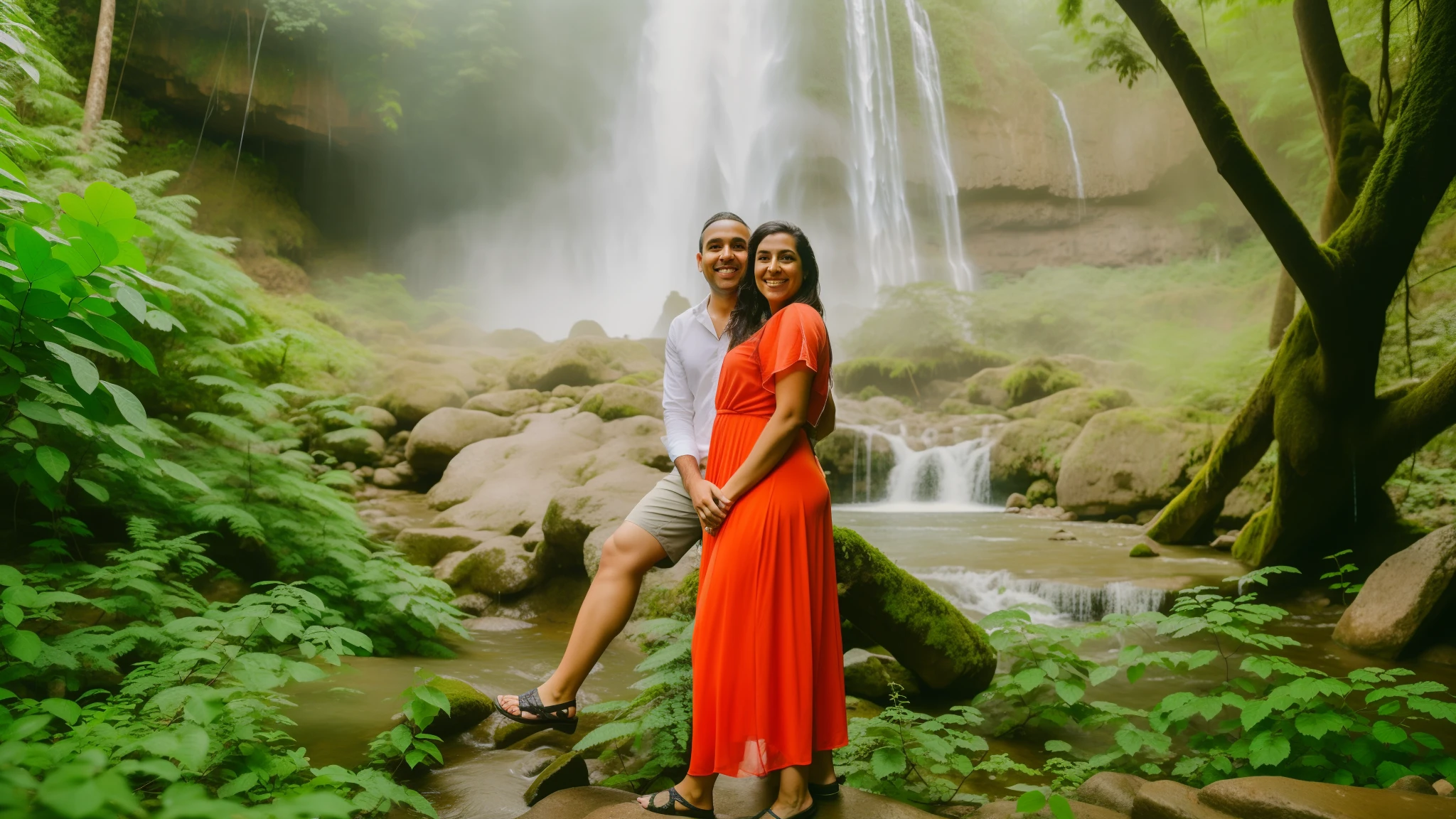 Casal Arafed posando em frente a uma cachoeira na selva, pano de fundo da cachoeira, em frente a uma cachoeira, cachoeiras ao fundo, com uma cachoeira, with trees and waterfalls, standing near a waterfall, full body photogenic shot, cachoeira ao fundo, com cachoeiras, Standing in a waterfall, standing inside a waterfall, ao lado de uma cachoeira