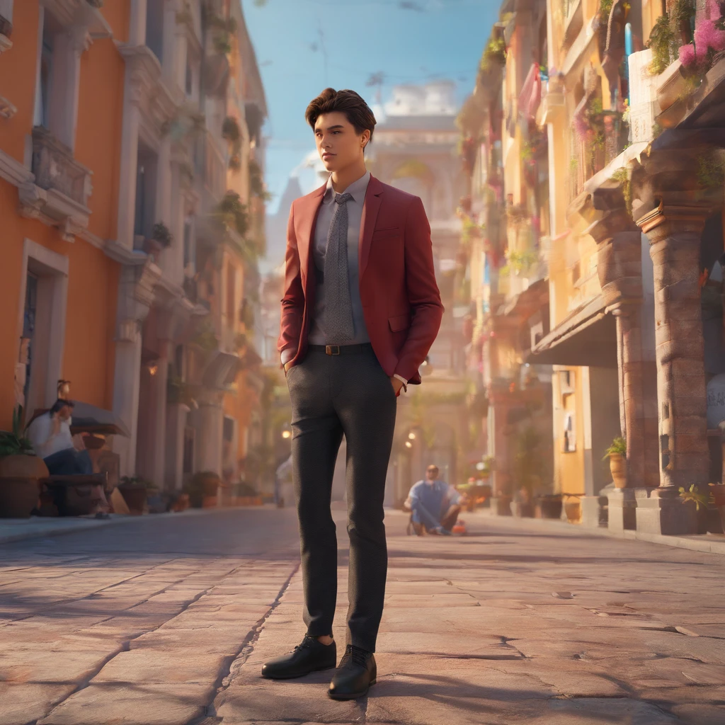 Foto RAW, uma foto de retrato de perto de 20 y.o 1menino, sozinho, Realistic,camisa,suit jacket, Cyberpunk, cabelo espetado,brown hair, jaqueta amarela, background is city ruins, (pele altamente detalhada:1.2), 8k UHD, DSLR, soft lighting, alta qualidade, filmic grain, Fujifilm XT3, Antecedentes altamente detalhados
