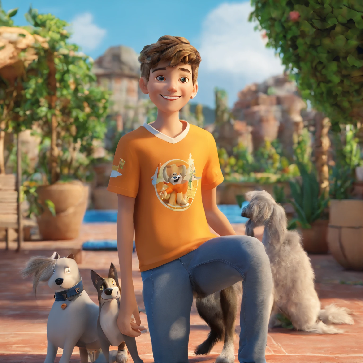 Lucas is a smiling 15-year-old human boy, com seu fiel amigo, Bolt, o cachorro schnauzer, deitados no jardim