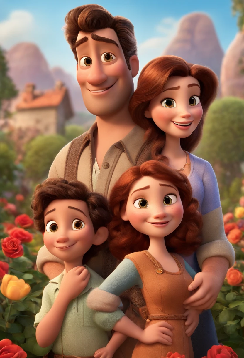 a Disney Pixar movie poster showing a white-skinned family. The father is the tallest, Tem barba curta, loiro, cabelos curtos e espinhosos. The mother has brown eyes and hair, shoulder-length and is slightly overweight. A tem 4 anos e cabelos castanhos, roupa rosa e rabos de cavalo. The background is a beach garden. 3D-rendering