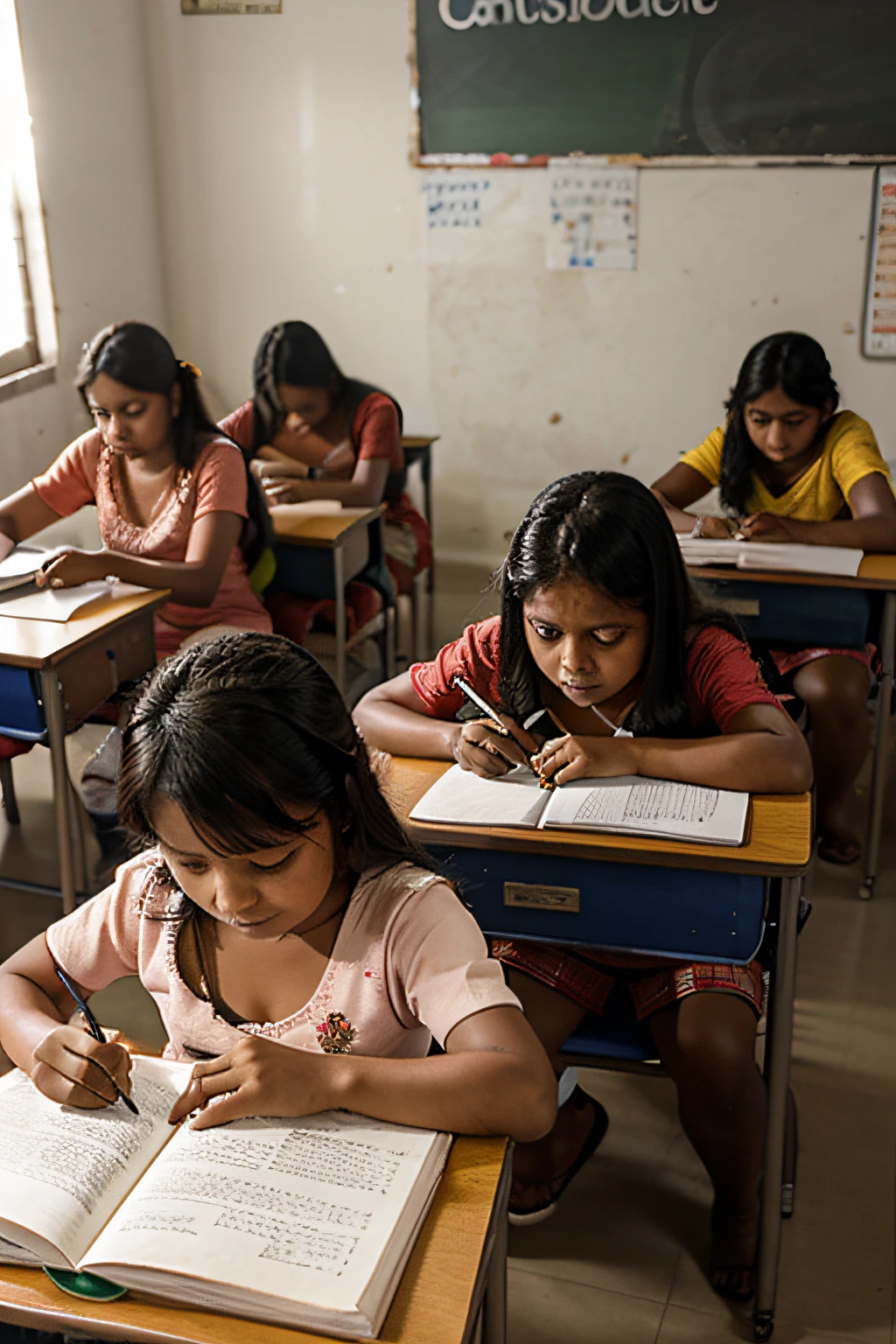 Several girls are sitting at desks writing in their notebooks - SeaArt AI