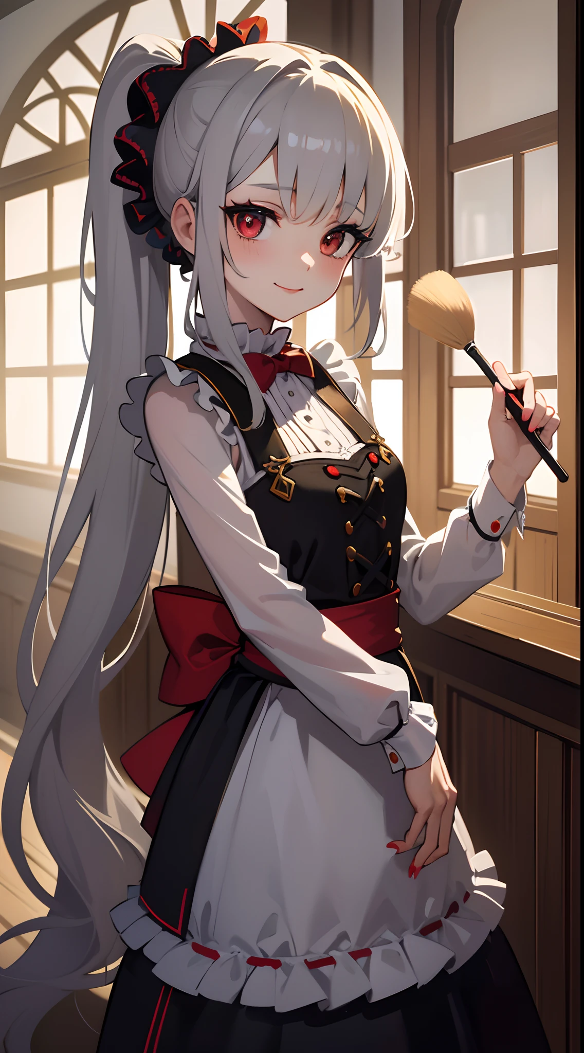 Oil Painting,Photography,Portraits,landscape,Colorful,Bright lighting,16-year-old girl,Pale golden hair flows in a ponytail,Innocent and pure smile, Big round red eyes that can melt your heart、A slight smil、Laugh,small tits, Dressed as a court jester, Capricious and mischievous, She wears traditional clown makeup with white face paint and dark red lips, zora々It creates a contrast of innocence and mystery in the depths of the eyes、It expresses the beauty and complexity of childhood、It is a combination of vivid illustration and photorealistic oil painting techniques, Create a sense of depth and texture. The details of the artwork are incredibly intricate and precise, Highlight all brush strokes and fine lines, The colors of the work are vivid and dynamic, With a wide range of shades that evoke warmth and playfulness. The lighting of the scene is bright and cheerful, Lighten the girl's face
