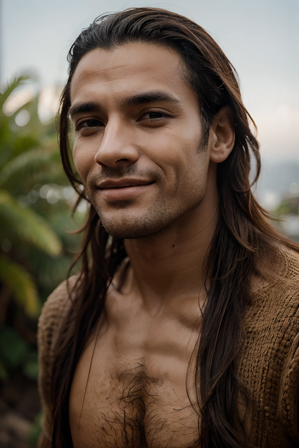 Homem de cavanhaque, 1.70, cabelos negros, olhos castanhos, sentado em um cadeira, cara de mau, sorriso de canto de boca