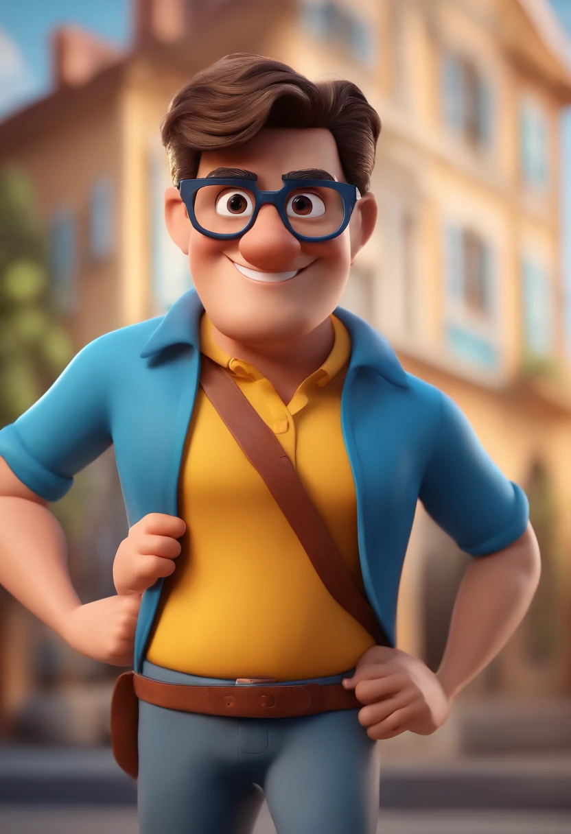 Cartoon character of a man with black glasses and a blue shirt, animation character, Caractere estilizado, animation style rendering, 3D estilizado, Arnold Maya render, 3 d render stylized, toon render keyshot, Personagem 3D, Personagem 3D, 3d rendering stylized, 3 d character render, personagem de desenho animado, Personagem de close up, Pose de personagem,  (Estilo Pixar) (master part:1.2) (Bokeh) (best quality) (pele detalhada) (textura detalhada) (8k) (argila) (Cinematic lighting) (foco nítido