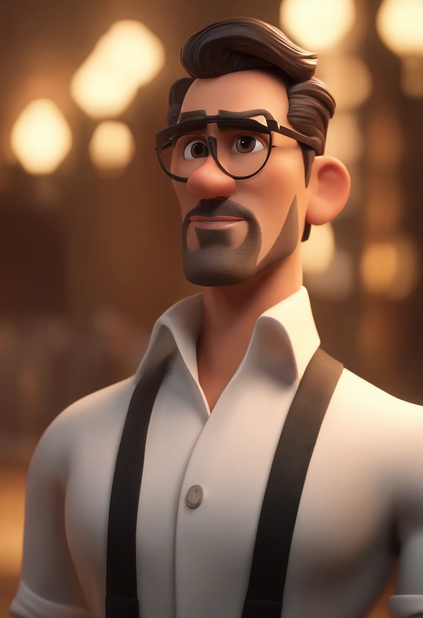 Cartoon character of a dark brunette man wearing white shirt and black pants, silver watch, rosto quadrado, um personagem animado, Caractere estilizado, animation style rendering, 3D estilizado, Arnold Maya render, 3 d render stylized, toon render keyshot, Personagem 3D, Personagem 3D, 3d rendering stylized, 3 d character render, personagem de desenho animado, Personagem de close up, Pose de personagem, (Estilo Pixar) (master part:1.2) (Bokeh) (best quality) (pele detalhada) (textura detalhada) (8k) (argila) (Cinematic lighting) (foco nítido,Senta e vaza a parte superior do corpo