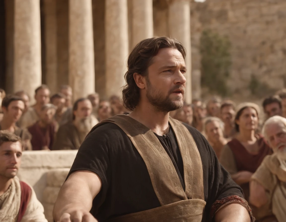 A Man Orator in Ancient Greece Speaking to a Seated Crowd. Ancient and classic pre-Christ garments, russell crowe novo, vestes gregas, Hellenistic,