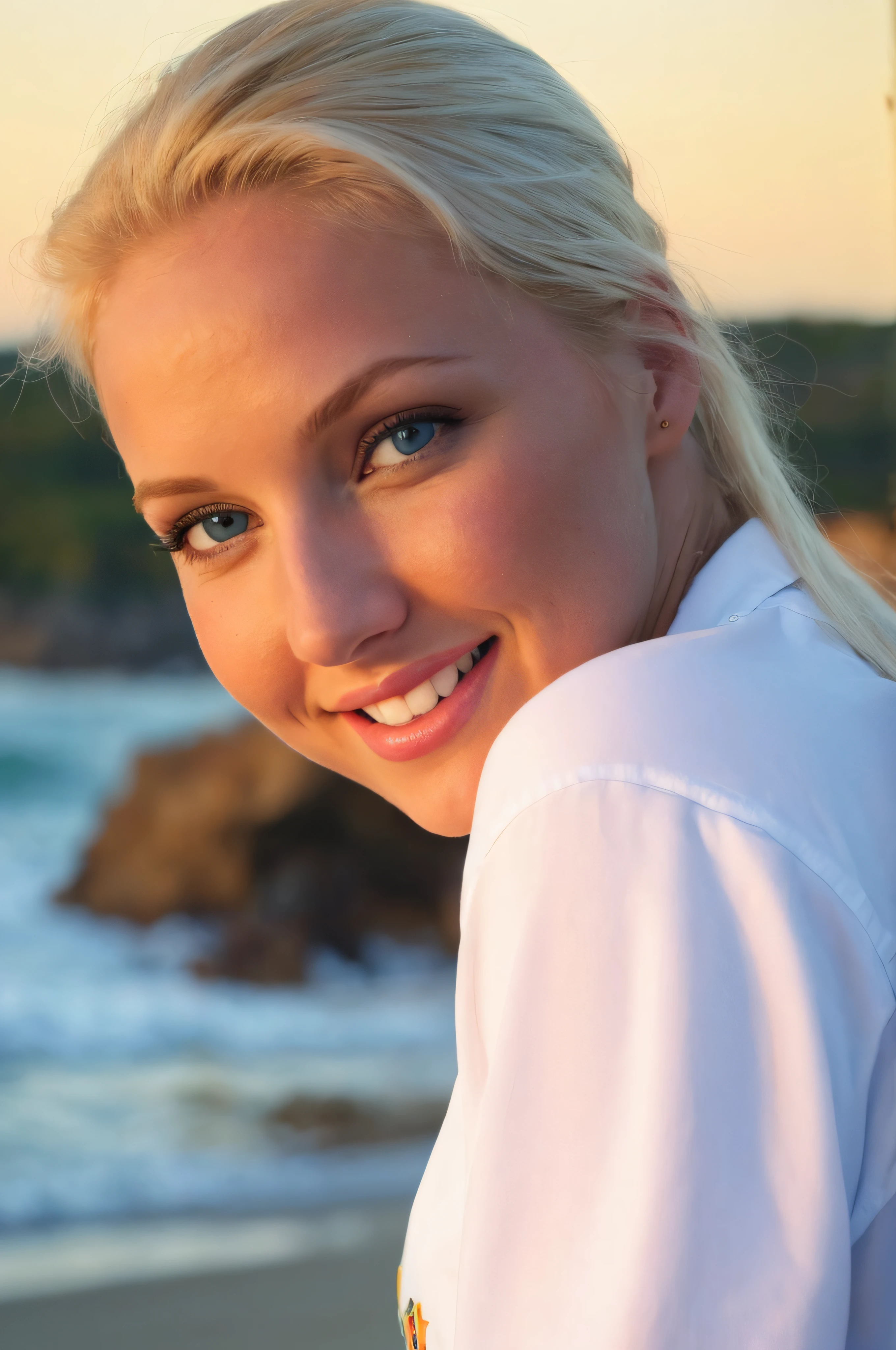 veronika simon xl, 1girl, smiling, blonde hair, blue eyes, on a beach, face focus, close up, sunset, wearing casual clothing, anatomically correct, masterpiece, best high quality, ultra details, RAW Photo, perfect anatomy, 4k, 8k, quality lighting,