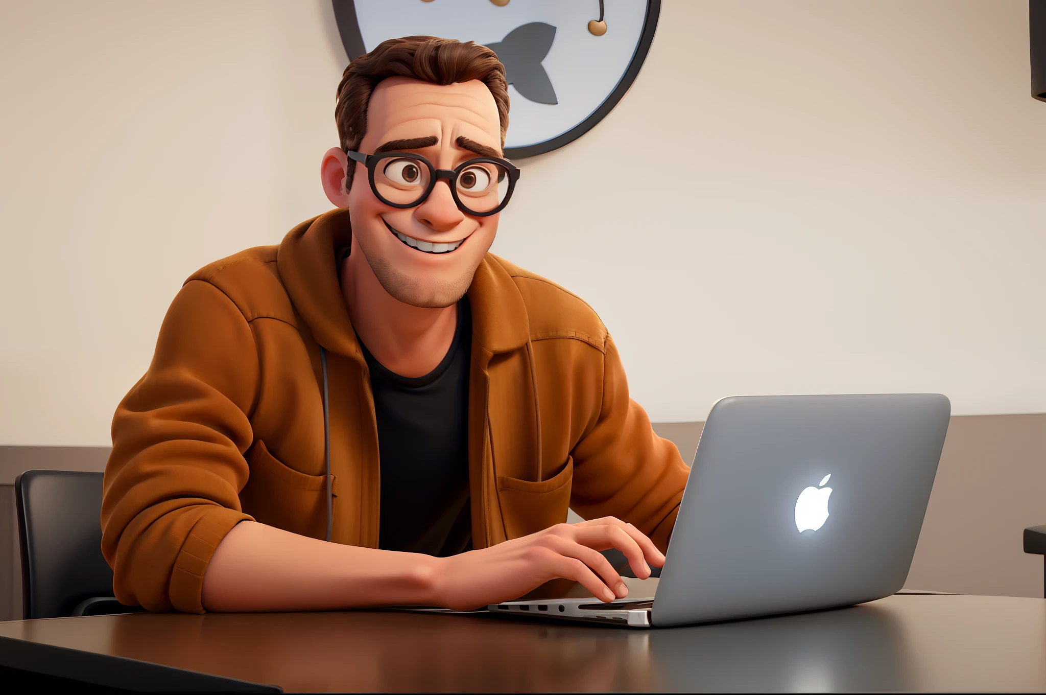 A man standing playing guitar in black long-sleeved turtleneck t-shirt, Beige pants with side pocket white sneakers, sorridente, cabelos pretos e cacheados, sorridente, Wearing Round Iron Glasses, orelhas pequenas, with Disney Pixar animation, alta qualidade, Melhor qualidade 4K