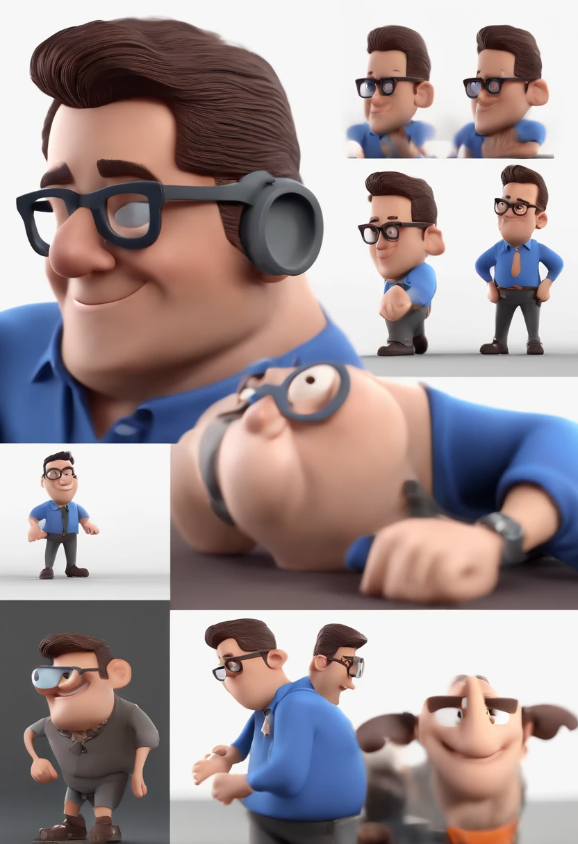 Cartoon character of a man with black glasses and a blue shirt, animation character, Caractere estilizado, animation style rendering, 3D estilizado, Arnold Maya render, 3 d render stylized, toon render keyshot, Personagem 3D, Personagem 3D, 3d rendering stylized, 3 d character render, personagem de desenho animado, Personagem de close up, Pose de personagem, (Estilo Pixar) (master part:1.2) (Bokeh) (best quality) (pele detalhada) (textura detalhada) (8k) (argila) (Cinematic lighting) (foco nítido
