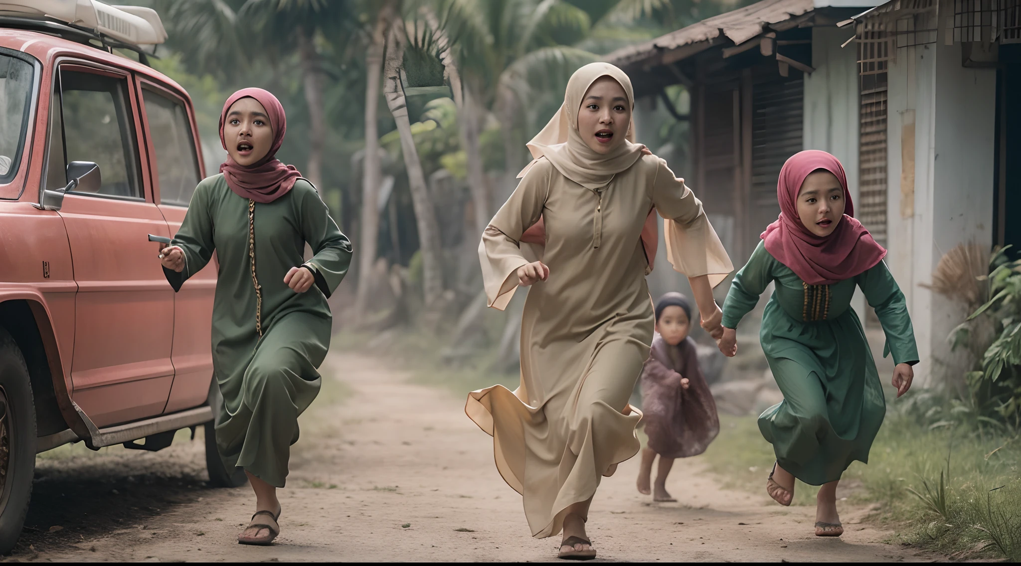 a film still of 3 young malay girl in hijab and baju kurung running scared in malay village, scared face, shouting, photo taken using Panavision DXL2, 28mm lens, Establishing shot, muted color grading, cinemascope, drama, high quality, ultra detailed, 8k resolution,