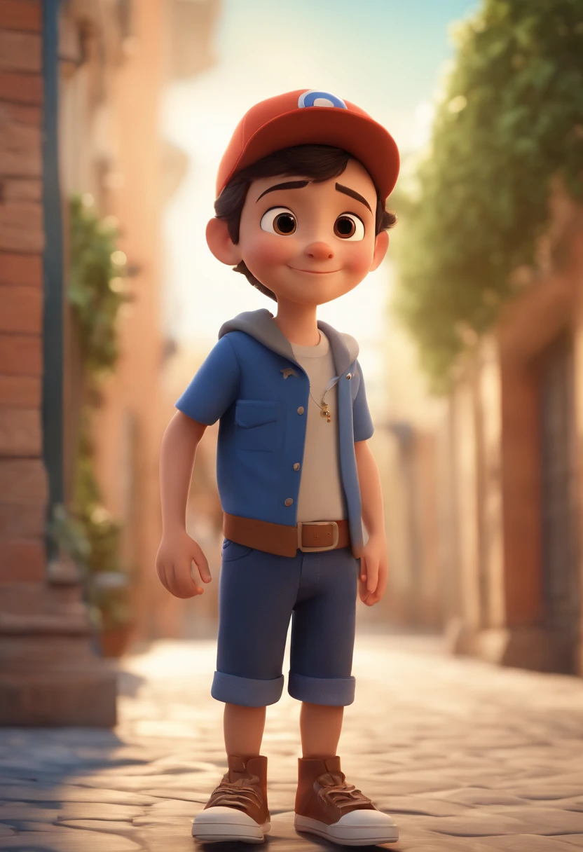 A happy cute boy standing short hair with dark blue cap , vestindo uma camisa azul , , fundo branco, barnet, Tom, Estilo Pixar, ......3d, desenhos animados, rosto detalhado, asymmetrical 16k