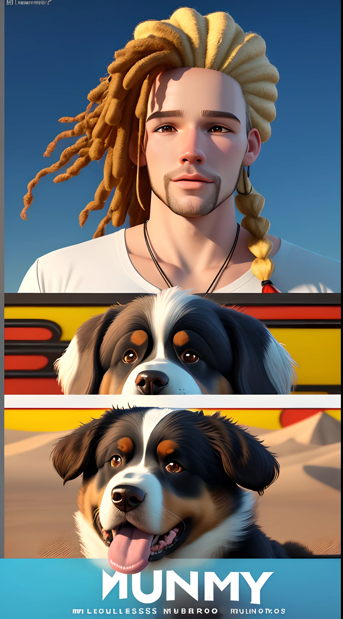 create a 3d Disney Pixar style poster of a white man in reggae style braids in his hair, uma mulher de cachos loiros com Bernese mountain dog escrito MANNY