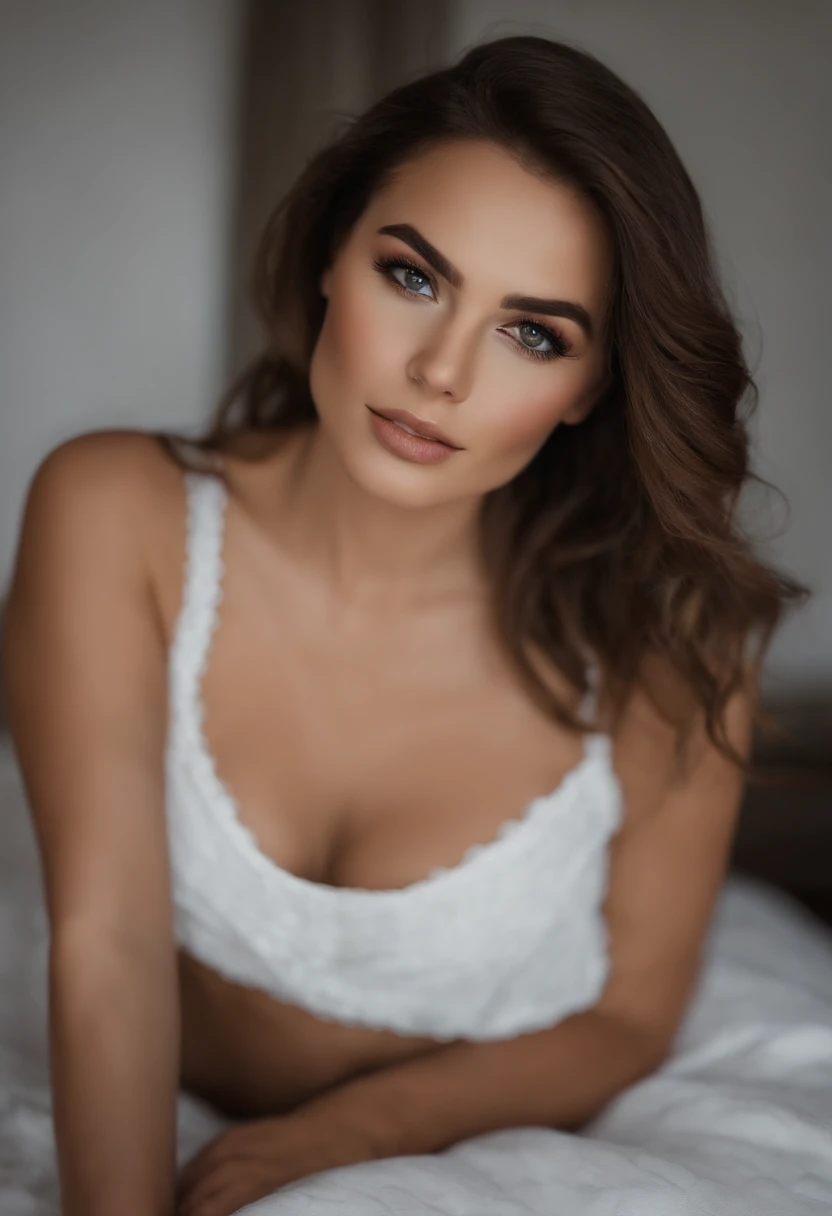 Femme complètement , fille sexy aux yeux bruns, ultra réaliste, Méticuleusement détaillé,tenu sexy, cheveux bruns et grands yeux, Selfie d’une jeune femme,es, sexy, sans maquillage, maquillage naturel, Regarder directement la caméra, Visage avec Artgram, Maquillage subtil, Superbe photo du corps entier agenouillée sur le lit, dans la chambre, Buste de taille moyenne à grande de face