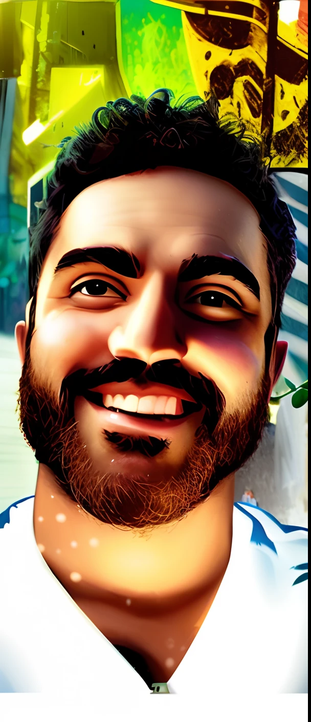Imagem estilo Disney Pixar. Homem sorridente, sentado, Wearing black-framed glasses, in the background, an environment similar to Work's offices & Digital Product Agency Co. Basear nesta foto.