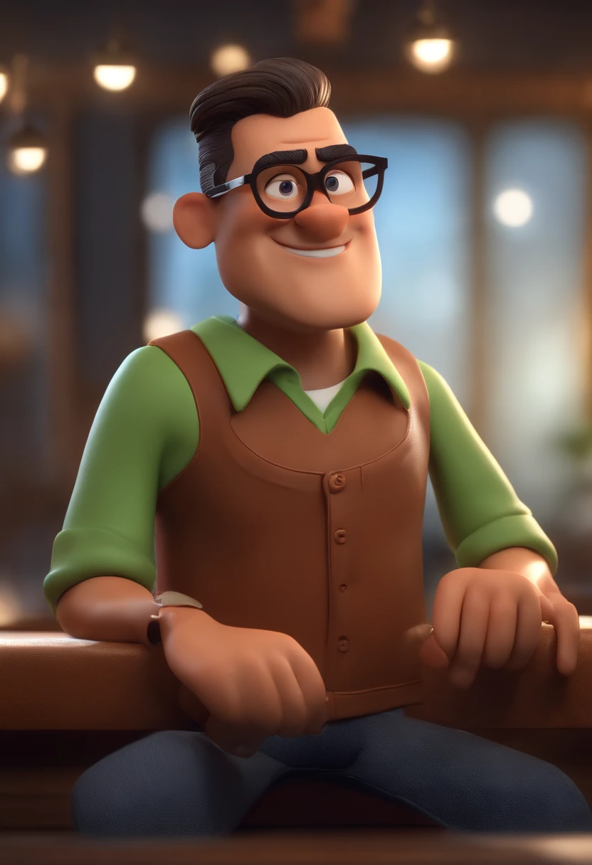 Cartoon character of a man with black glasses, cabelo cacheado marrom escuro e uma camisa azul, animation character, Caractere estilizado, animation style rendering, 3D estilizado, Arnold Maya render, 3 d render stylized, toon render keyshot, Personagem 3D, Personagem 3D, 3d rendering stylized, 3 d character render, personagem de desenho animado, Personagem de close up, Pose de personagem, (Estilo Pixar) (master part:1.2) (Bokeh) (best quality) (pele detalhada) (textura detalhada) (8k) (argila) (Cinematic lighting) (foco nítido