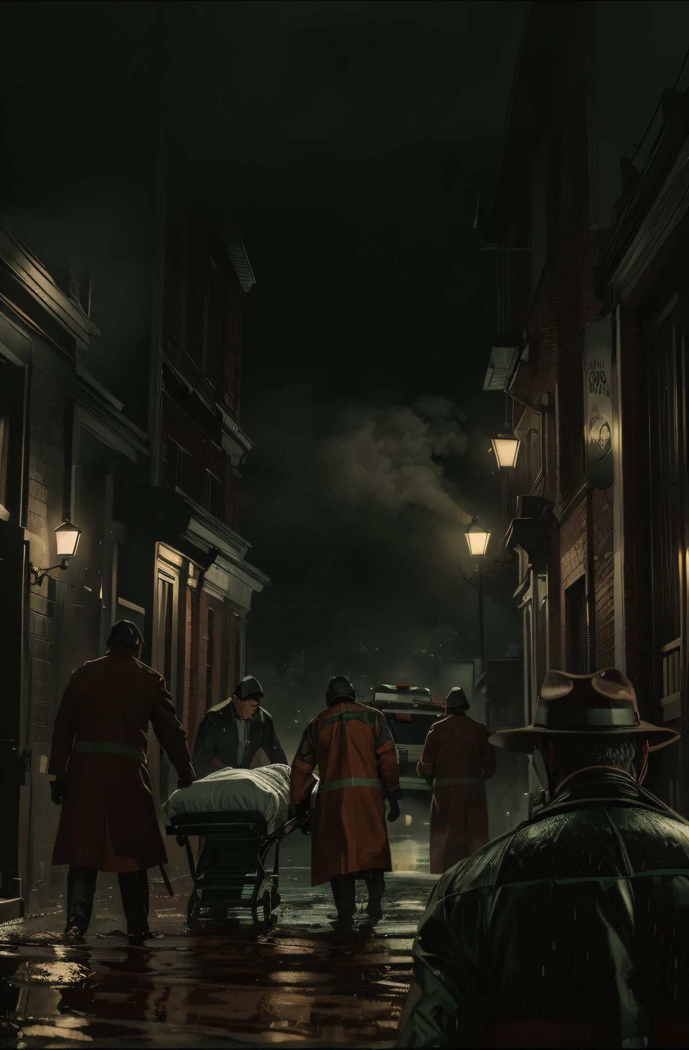 a cinematic scene a detective in the foreground with his back turned towards a body that is on a stretcher, in the background there are two paramedics carrying a covered body on the stretcher to place inside the ambulance, another paramedic vomiting in the third shot, and in the fourth shot another paramedic is approaching, in the background an old brick mansion, on a gloomy night in Gotham, with a lot of rain, and a lot of water on the ground, in a tense environment with a lot of smoke and green lighting