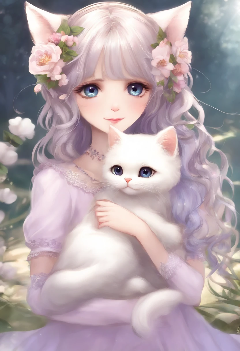 1girl, nu, orelhas de animais, Purple eyes, brown hair, Asas, sozinho, cabelos longos, corar, orelhas de gato, flor, Olhando para o Viewer, plaits, Arcos, Vestidos, flores cor-de-rosa, Arcos, Hair accessories, franja, Gatos, Flor do cabelo, pelos de orelha de animal, propriedade, youtuber virtual, blue bow, holding animal, Mulher-Gato, stuffed toy