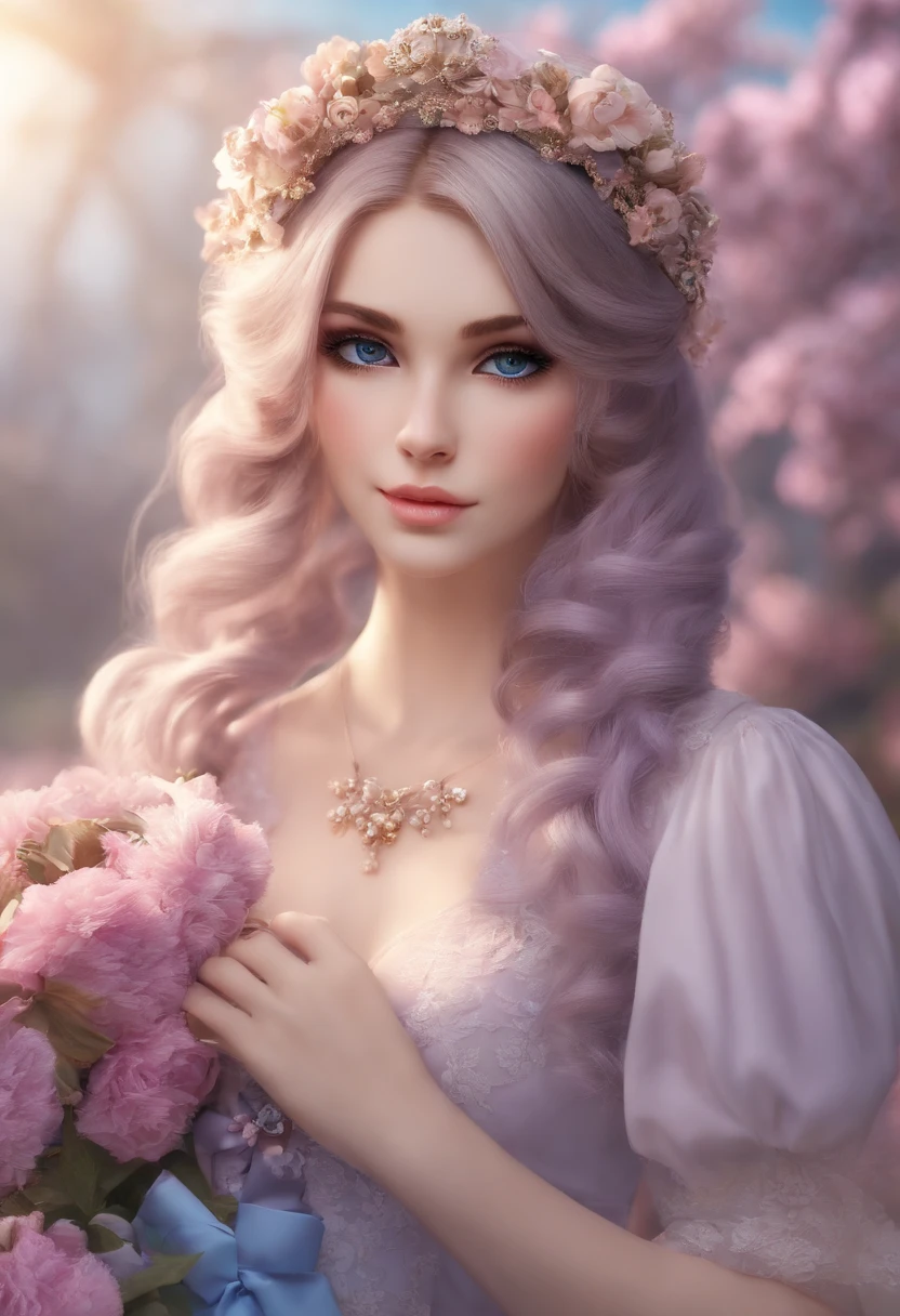 1girl, nu, orelhas de animais, Purple eyes, brown hair, Asas, sozinho, cabelos longos, corar, orelhas de gato, flor, Olhando para o Viewer, plaits, Arcos, Vestidos, flores cor-de-rosa, Arcos, Hair accessories, franja, Gatos, Flor do cabelo, pelos de orelha de animal, propriedade, youtuber virtual, blue bow, holding animal, Mulher-Gato, stuffed toy