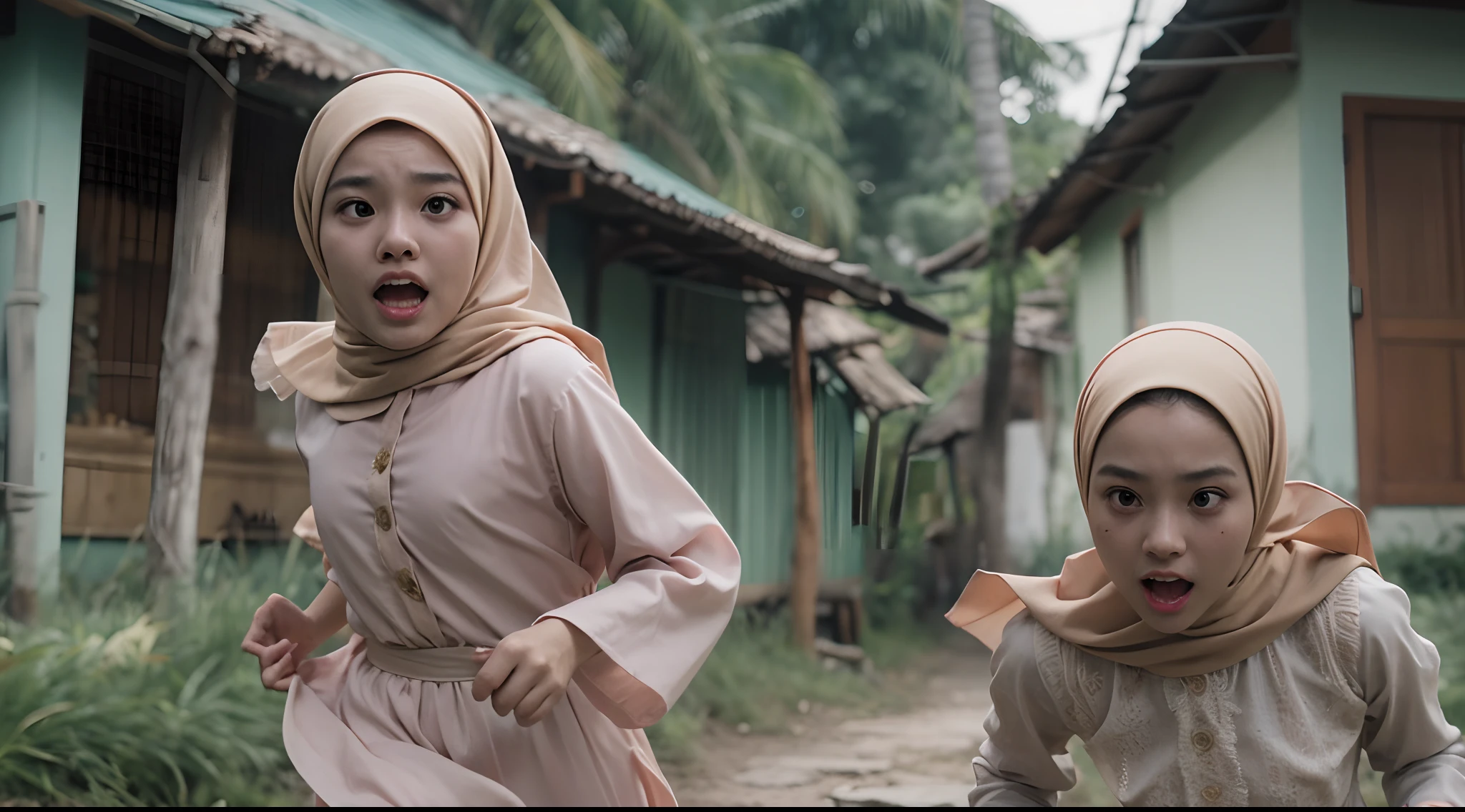 a film still of 3 young malay girl in hijab and baju kurung running scared in malay village, scared face, shouting, photo taken using Panavision DXL2, 28mm lens, Establishing shot, muted color grading, cinemascope, drama, high quality, ultra detailed, 8k resolution,