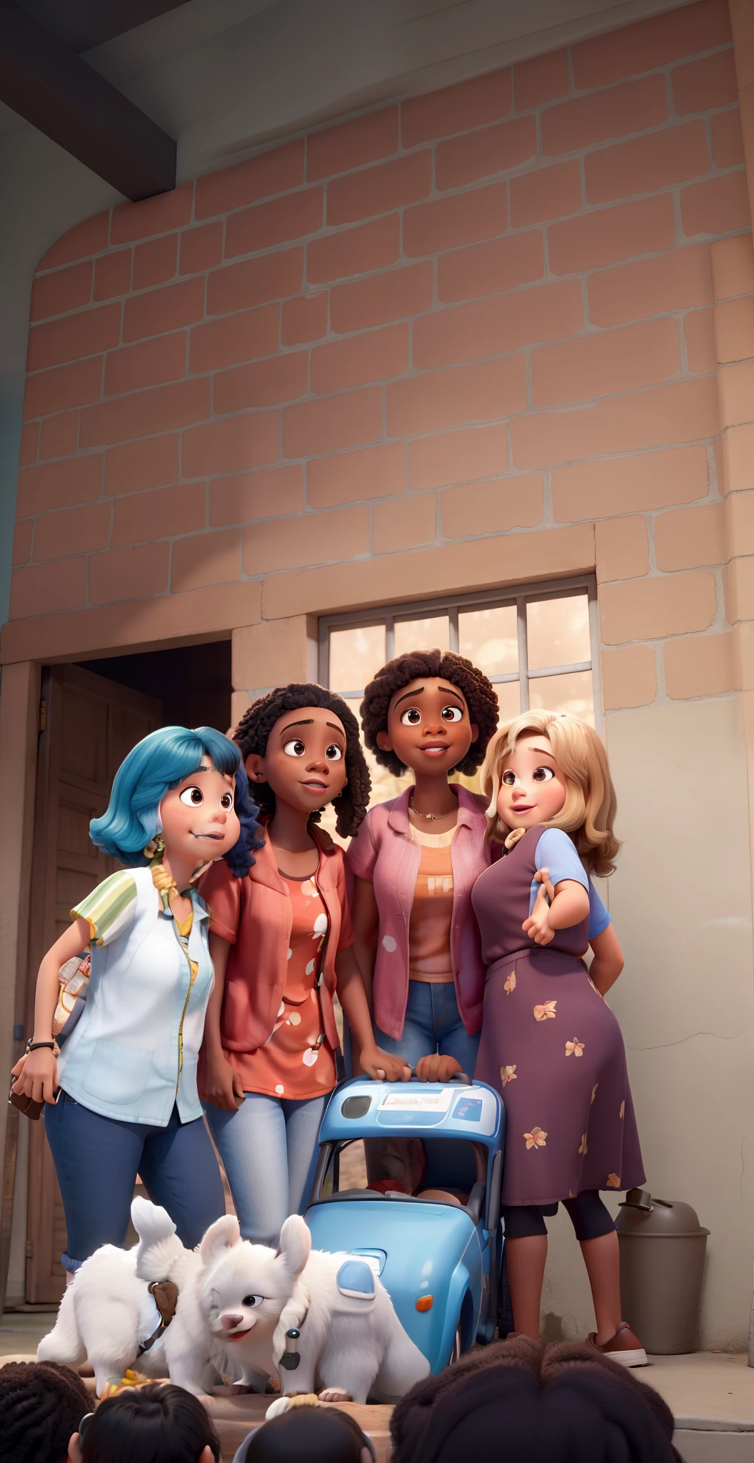 three girls, uma tem cabelo curto cacheado se veste como , a outra tem pele morena e cabelo liso, usa shortinho a outra tem cabelo crespo e pele parda, Movie Name: The Unbearable, Pixar disney