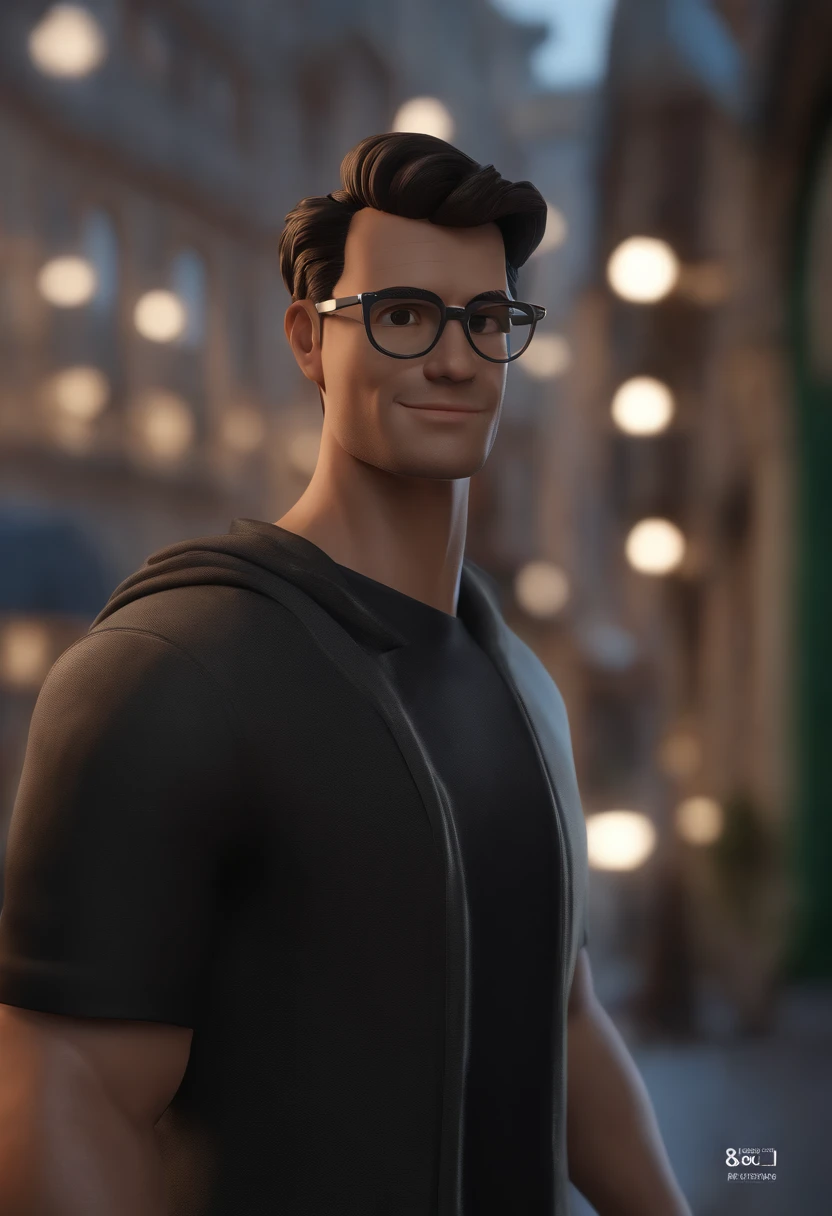 personagem dos desenhos animados de um homem de barba rala, Short hair with blue glasses and a black t-shirt with anime characters printed on it, animation character, Caractere estilizado, animation style rendering, 3D estilizado, Arnold Maya render, 3 d render stylized, toon render keyshot, Personagem 3D, Personagem 3D, 3d rendering stylized, 3 d character render, personagem de desenho animado, Personagem de close up, Pose de personagem, (Estilo Pixar) (master part:1.2) (Bokeh) (best quality) (pele detalhada) (textura detalhada) (8k) (argila) (Cinematic lighting) (foco nítido)