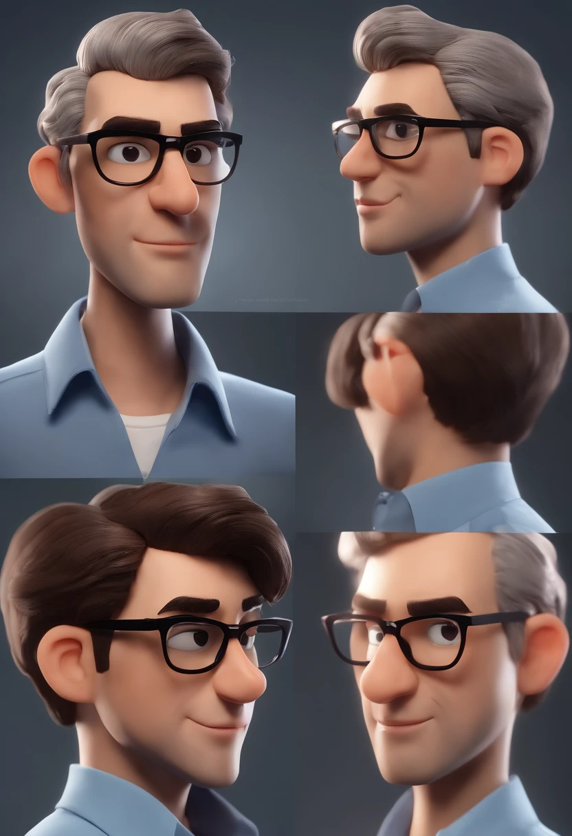 personagem dos desenhos animados de um homem de barba rala, Short hair with blue glasses and a black t-shirt with anime characters printed on it, animation character, Caractere estilizado, animation style rendering, 3D estilizado, Arnold Maya render, 3 d render stylized, toon render keyshot, Personagem 3D, Personagem 3D, 3d rendering stylized, 3 d character render, personagem de desenho animado, Personagem de close up, Pose de personagem, (Estilo Pixar) (master part:1.2) (Bokeh) (best quality) (pele detalhada) (textura detalhada) (8k) (argila) (Cinematic lighting) (foco nítido)