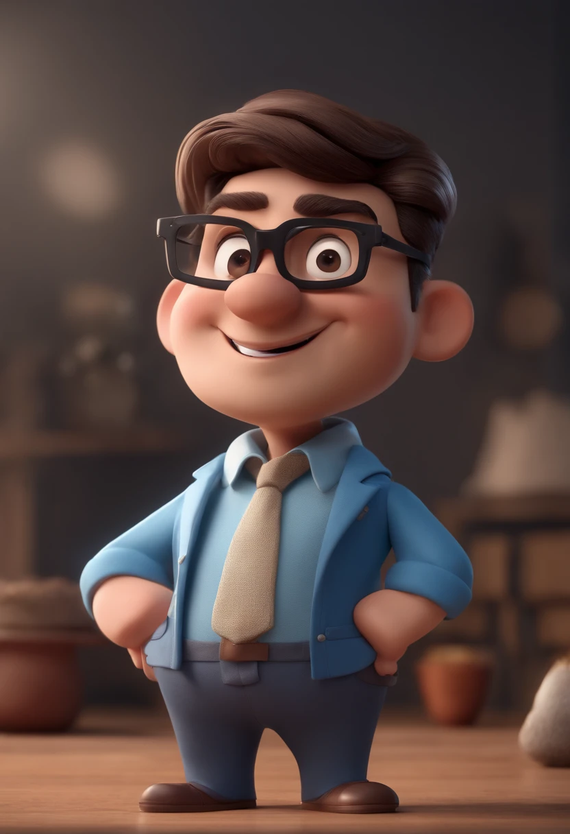 Cartoon character of a man with black glasses and a blue shirt, animation character, Caractere estilizado, animation style rendering, 3D estilizado, Arnold Maya render, 3 d render stylized, toon render keyshot, Personagem 3D, Personagem 3D, 3d rendering stylized, 3 d character render, personagem de desenho animado, Personagem de close up, Pose de personagem,  (Estilo Pixar) (master part:1.2) (Bokeh) (best quality) (pele detalhada) (textura detalhada) (8k) (argila) (Cinematic lighting) (foco nítido