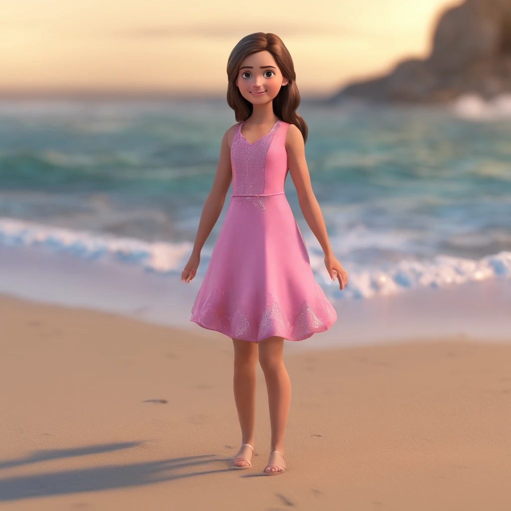 Amanda 11 anos de idade, vestido rosa, na praia, pele clara, cabelo ondulado castanho escuro, sem sapato