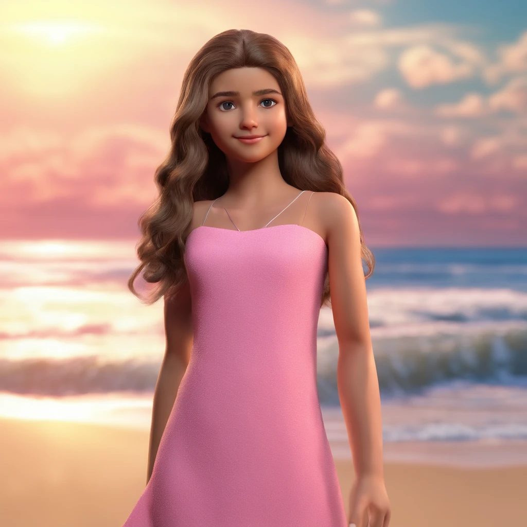 Amanda 11 anos de idade, vestido rosa, na praia, pele clara, cabelo ondulado castanho escuro, sem sapato