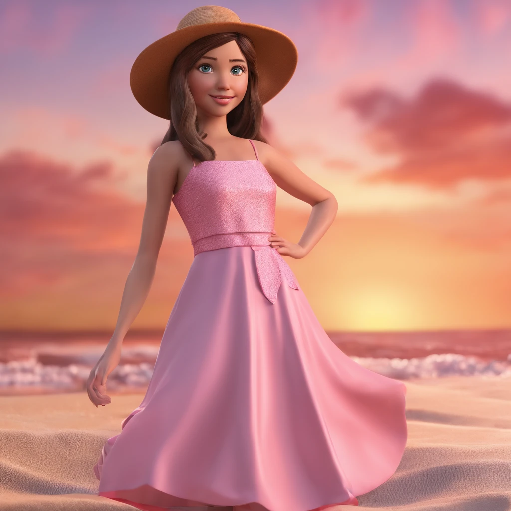 Amanda 11 anos de idade, vestido rosa, na praia, pele clara, cabelo ondulado castanho escuro, sem sapato