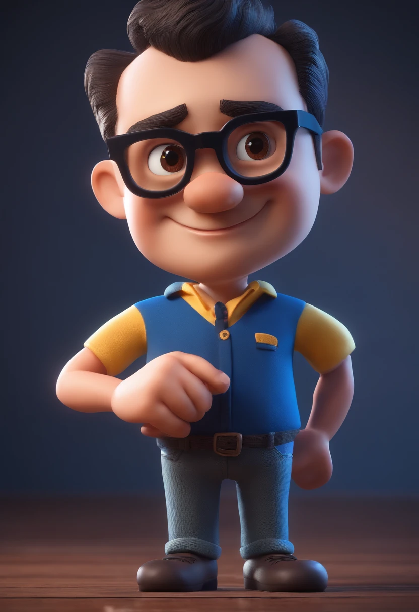 Cartoon character of a man with black glasses and a blue shirt, animation character, Caractere estilizado, animation style rendering, 3D estilizado, Arnold Maya render, 3 d render stylized, toon render keyshot, Personagem 3D, Personagem 3D, 3d rendering stylized, 3 d character render, personagem de desenho animado, Personagem de close up, Pose de personagem, (Estilo Pixar) (master part:1.2) (Bokeh) (best quality) (pele detalhada) (textura detalhada) (8k) (argila) (Cinematic lighting) (foco nítido