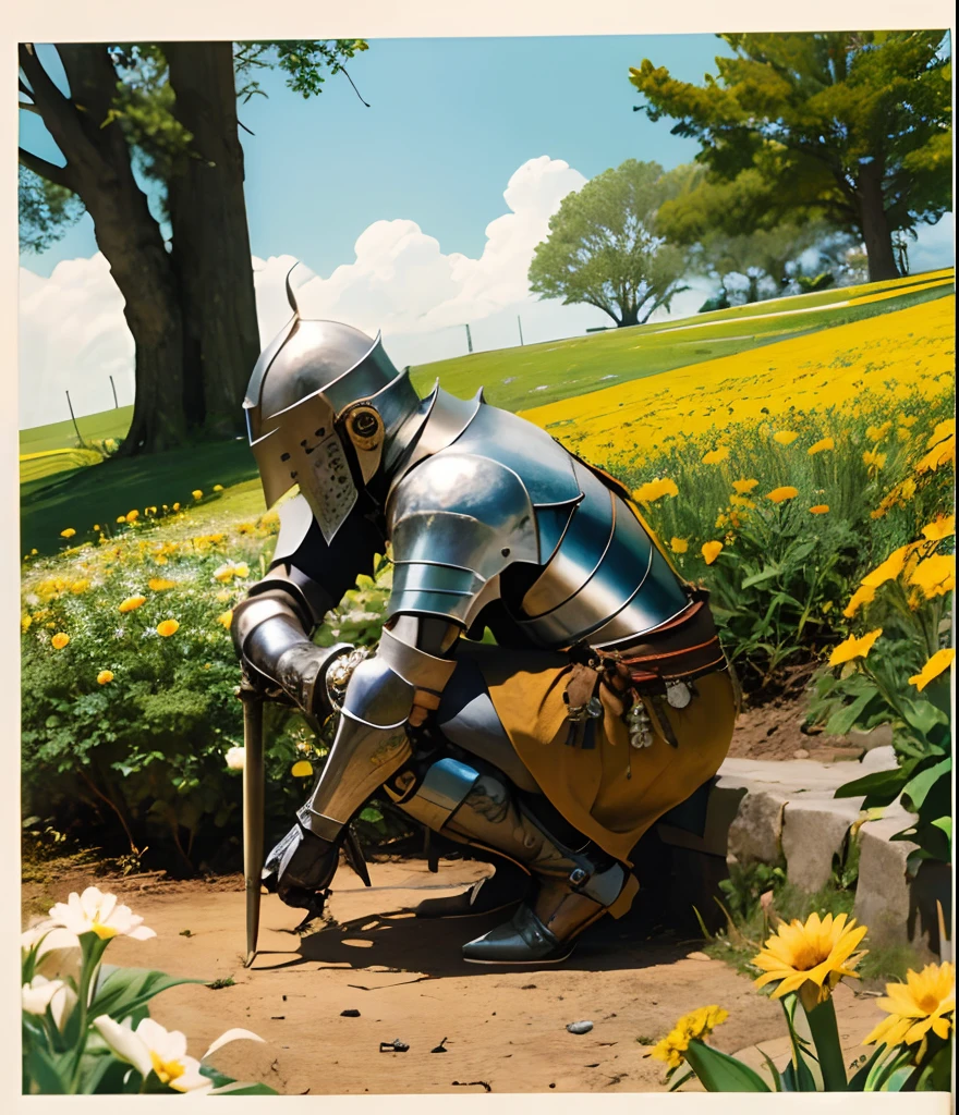 a knight crouching down to take a flower front view
