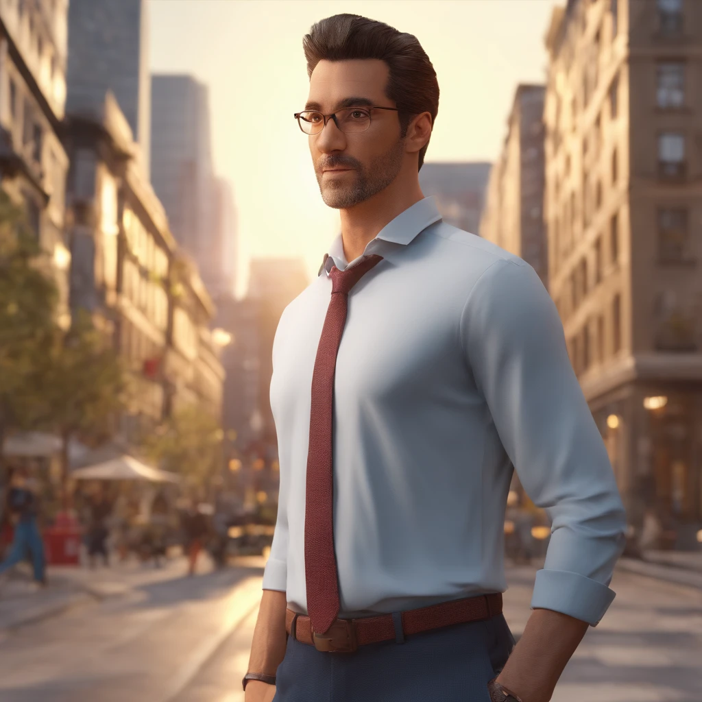 man in dress shirt looking back in the city