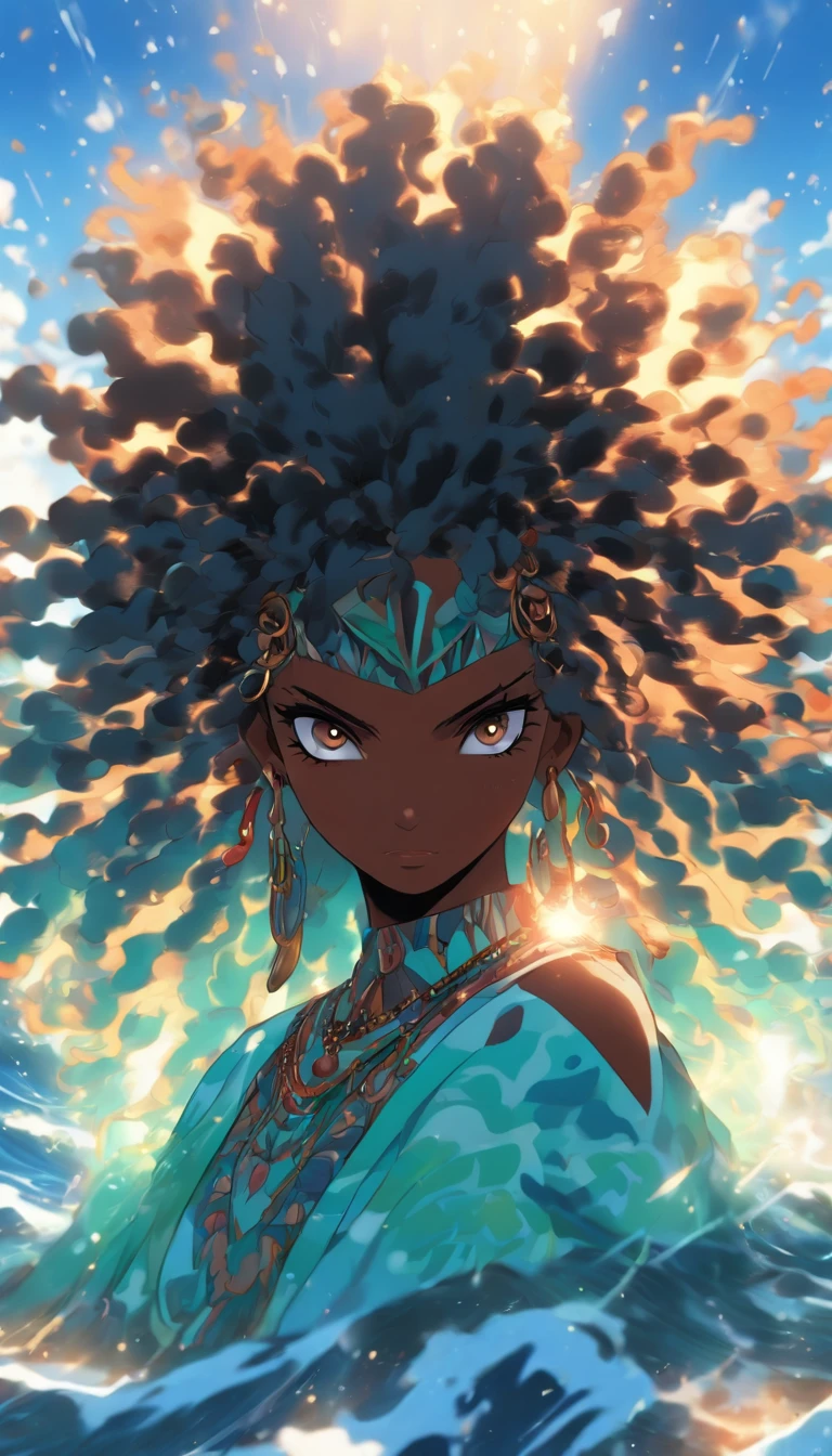 ((negroid)) Best quality, very high resolution, Detailed 4K CG, Master parts, AGF, the ocean, waters, white  clothes, Voodoo myths, afro clothes, Aesthetic, Beautiful image, Screen-centric, full bodyesbian