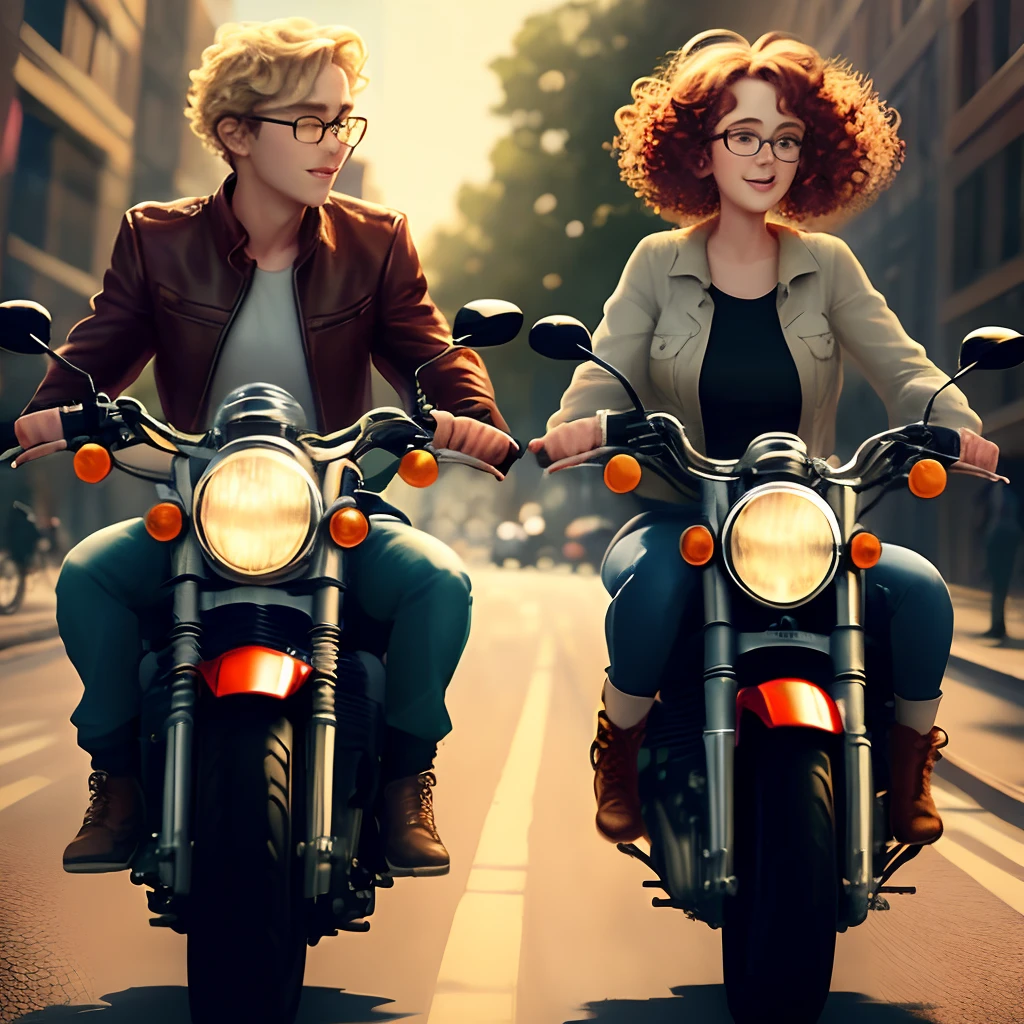 Pixar Style Couple Woman Curly Blonde Hair Tied Up Wearing Glasses Man Short Hair Wearing Glasses Riding On Motorcycle