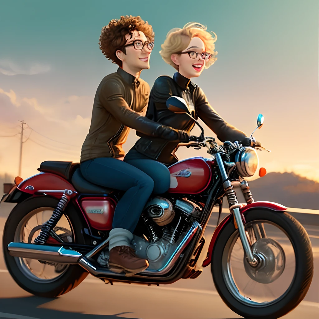 Pixar Style Couple Woman Curly Blonde Hair Tied Up Wearing Glasses Man Short Hair Wearing Glasses Riding On Motorcycle